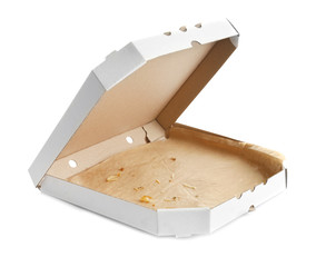 Open cardboard pizza box on white background