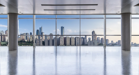 Panoramic skyline and buildings from glass window