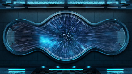 black tech spaceship round window interior background 3d rendering