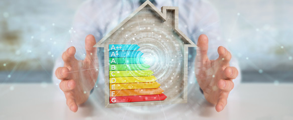 Wall Mural - businessman using 3d rendering energy rating chart in a wooden house