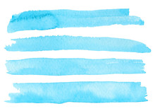 Watercolor Blue Brush Strokes Isolated On White Background. Set Of Abstract Brush On Watercolor Paper.