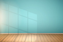 Example Of An Empty Room With Blue Walls And Light From The Window. Simple Interior Without Furnish And Furniture. Sunlight Reflected On The Wall. Vector.