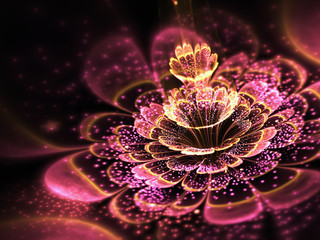 Wall Mural - Pink fractal flower with golden glittering pollen, digital artwork for creative graphic design