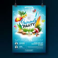 Vector Summer Beach Party Flyer Design with typographic elements on blue cloudy sky background. Summer nature floral elements, tropical plants, flower, beach ball, surf board and sunshade. Design