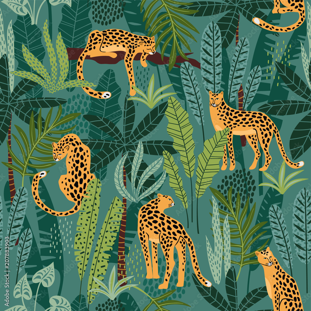 Papel de parede Vestor seamless pattern with leopards and tropical leaves.