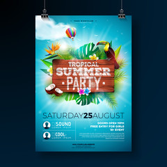 Vector Summer Beach Party Flyer Design with typographic elements on wood texture background. Summer nature floral elements, tropical plants, flower, toucan bird and air balloon with blue cloudy sky