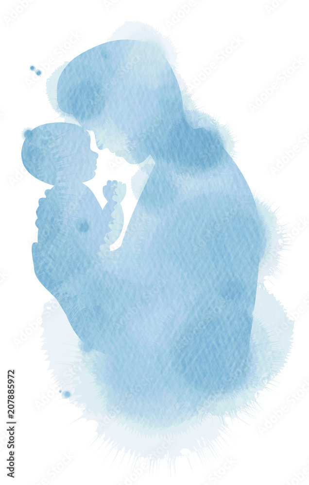 Father holding baby silhouette plus abstract watercolor painted. Happy ...