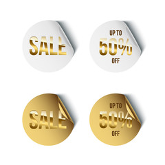 Poster - Set of round white and golden badges with golden Sale word and Up To 50% Off text isolated on white background. Vector promotion design elements.
