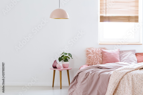 Cozy, feminine bedroom with pink bed, decorative cushions and plant on a wooden stool standing against white, empty wall. Real photo with a place for your furniture.