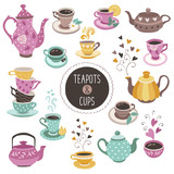 Fototapeta Łazienka - Hand drawn teapot and cup collection. Colorful tea cups, coffee cups and teapots isolated on white background. Vector illustration of tea time icons for cafe and restaurant menu design.