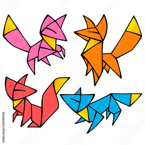 Vector Origami Cute Fox Set Paper Geometric Abstract Symbol Of