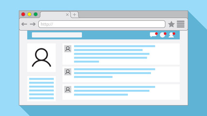 Internet browser window with an open social network web page on light blue background