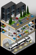 Vector isometric illustration of an element of urban infrastructure consisting of a subway transport hub, underground multi storey car park and parked vehicles.
