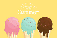 Melting Ice Cream In Waffle Cone Hello Summer Banner.