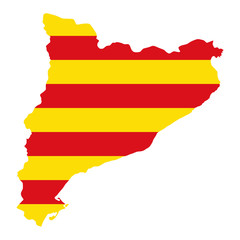 Wall Mural - Flag of Catalonia in country silhouette. Senyera, yellow and red horizontal stripes, in the outline of the autonomous community in Spain, on Iberian Peninsula. Isolated illustration over white. Vector