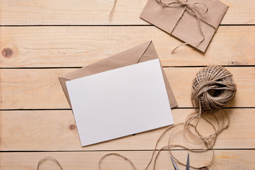 Top view of envelope and blank greeting card 