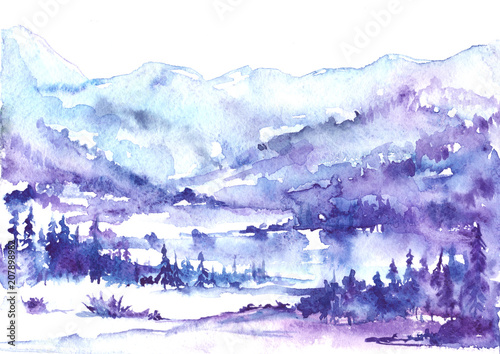 Watercolor Mountain Landscape Blue Purple Mountains Tree Peak