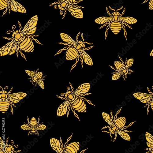 Cotton fabric Hohey bee golden embroidery seamless pattern textile fabrics ornamented golden wings insect Hand drawn vector honey bee luxury embroidered style