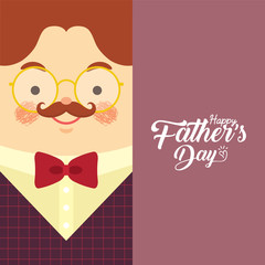 Wall Mural - Happy Father's Day template or copy space. Cartoon father wearing fit vest with gold glasses and red bow tie. Man in flat vector illustration.