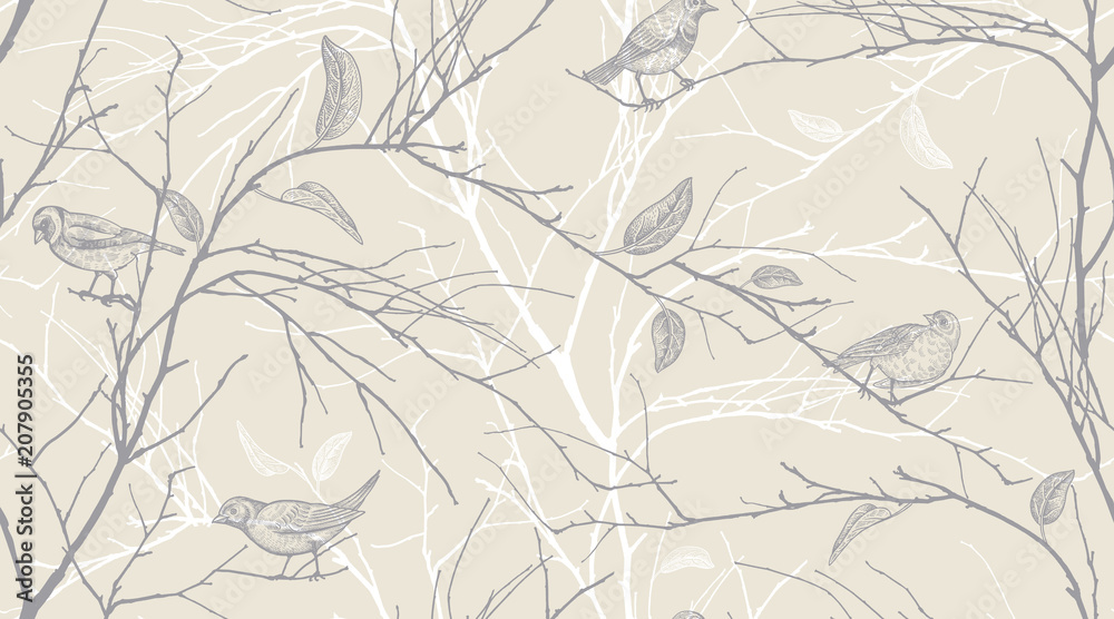 Seamless pattern with forest birds and tree branches. Stock Vector ...