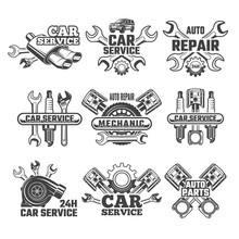 Vintage Labels Set With Illustrations Of Automobile Tools