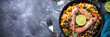 Seafood paella. Traditional spanish dish, top view.