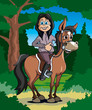 Junge Reiterin mit Pferd auf Waldlichtung, Cartoon Szene