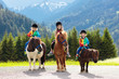 © famveldman - Kids riding pony. Child on horse in Alps mountains