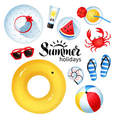 illustration set of beach items and accessories