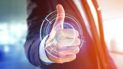 Poster - Businessman holding a Shinny technologic network contact button  - 3d render