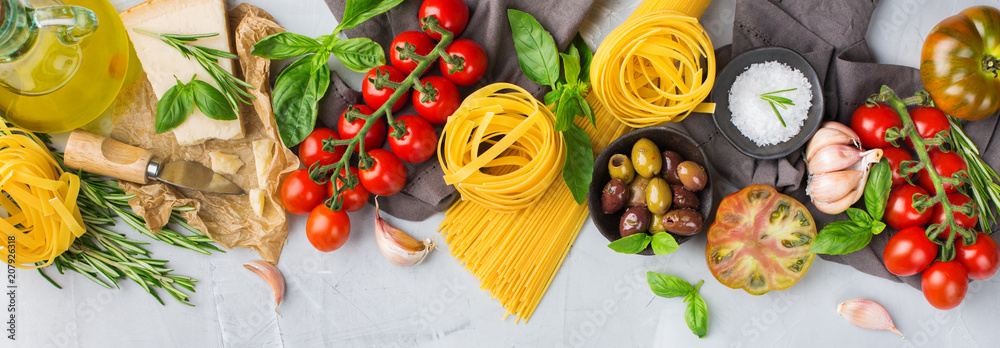 Italian food ingredients with pasta, tomatoes, cheese, olive oil, basil - obrazy, fototapety, plakaty 