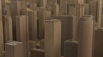Poster - 3d render abstract city piece made of wood material. skyscrapers and low building architecture buldi