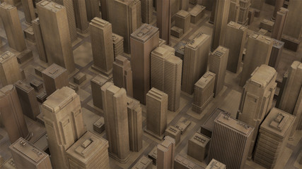Poster - 3d render abstract city piece made of wood material. skyscrapers and low building architecture buldi