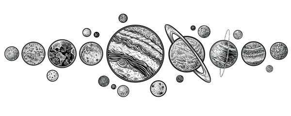 planets in solar system hand drawn vector illustrations.
