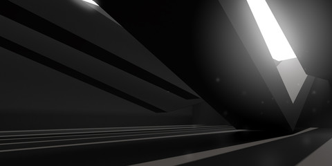 Poster - 3D stimulate of dark interior space with sun light cast the roof shadow on the wall and floor,Perspective of minimal design architecture,3d rendering	