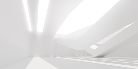 Aufkleber - 3D stimulate of white interior space with sun light cast the roof shadow on the wall and floor,Perspective of minimal design architecture,3d rendering	