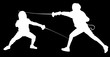 silhouettes of two white young fencers on black