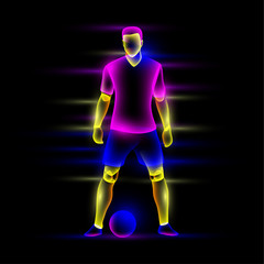 Wall Mural - Soccer player is standing near soccer ball. Abstract neon transparent overlay layers look like a virtual football player character.