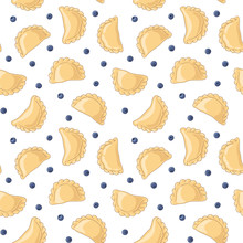 Dumplings (pierogi, Varenyky, Pelmeni) With Blueberries Seamless Pattern. Dumplings On White Background. Polish Cuisine. Eastern European Cuisine. Vector Hand Drawn Illustration Seamless Pattern.