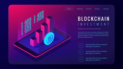 Poster - isometric blockchain investment landing page concept. tablet with 3d charts graphics of financial gr