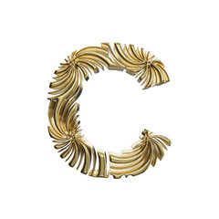 Fototapete - Alphabet letter C uppercase. Golden font made of shiny yellow metal. 3D render isolated on white background.