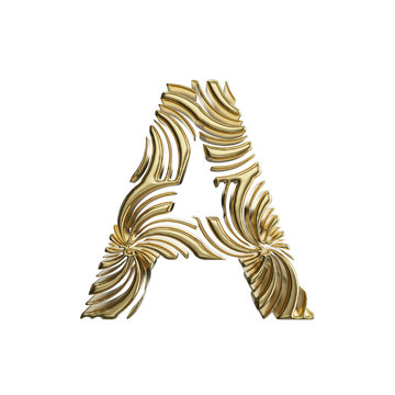 Alphabet letter A uppercase. Golden font made of shiny yellow metal. 3D render isolated on white background.