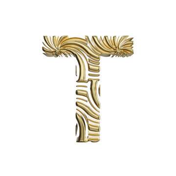 Alphabet letter T uppercase. Golden font made of shiny yellow metal. 3D render isolated on white background.