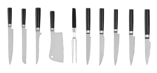 Set of steel kitchen knives, isolated on white background. Chef knife