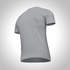 Wall Mural - Blank template men grey t shirt short sleeve, back view bottom-up half turn, isolated on gray background with clipping path. Mockup concept tshirt for design and print