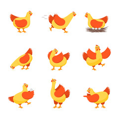 Sticker - Cartoon Characters Happy Hens Set. Vector