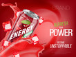 Cherry cold energy drink in metal can with ice and juice splash advertising banner, soda water branding ready mockup high quality 3d vector realistic illustration