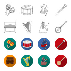 Banjo, piano, harp, metronome. Musical instruments set collection icons in outline,flat style vector symbol stock illustration web.