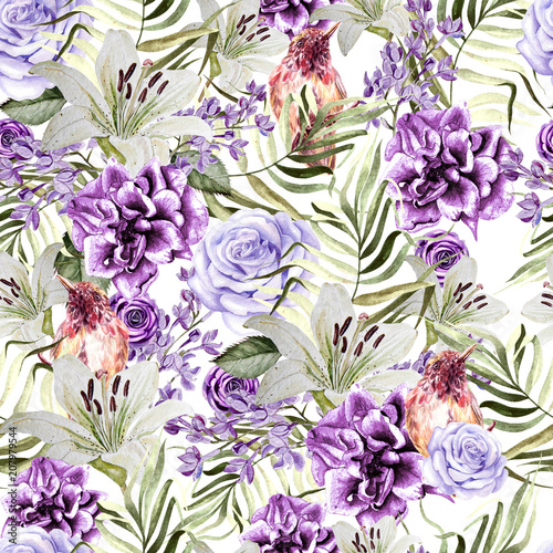 Beautiful watercolor pattern with peony and rose flowers, lily and tropical b...