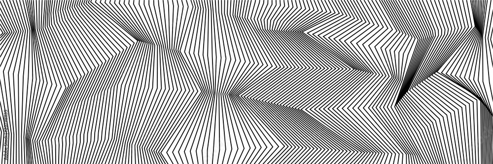Wavy background of lines. Monochrome dynamic surface with effect of optical illusion. Vector. - obrazy, fototapety, plakaty 